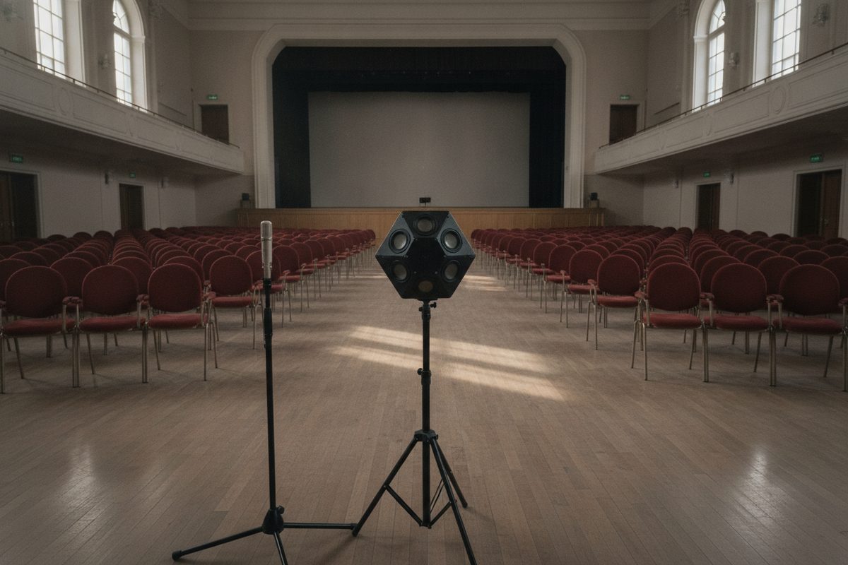 Generated illustration: a dodecahedron loudspeaker and a measurement microphone in an empty concert hall