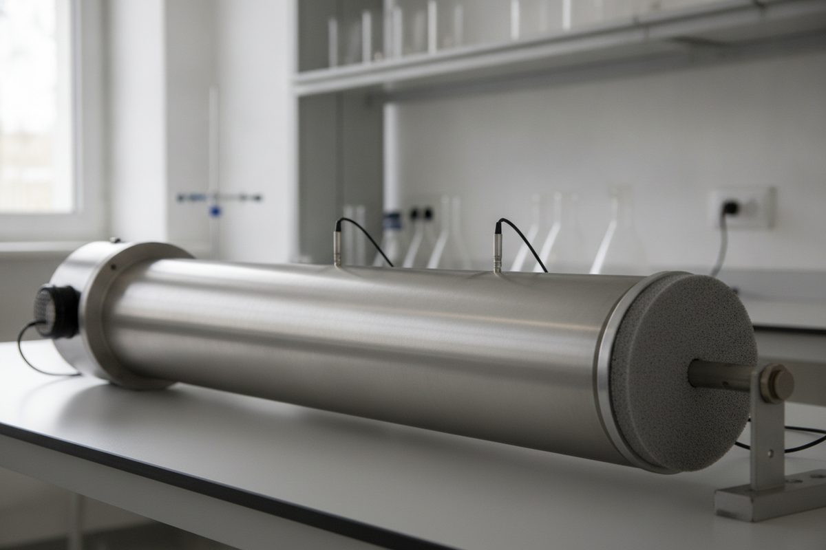 Generated illustration: an impedance tube with a foam sample on a laboratory bench