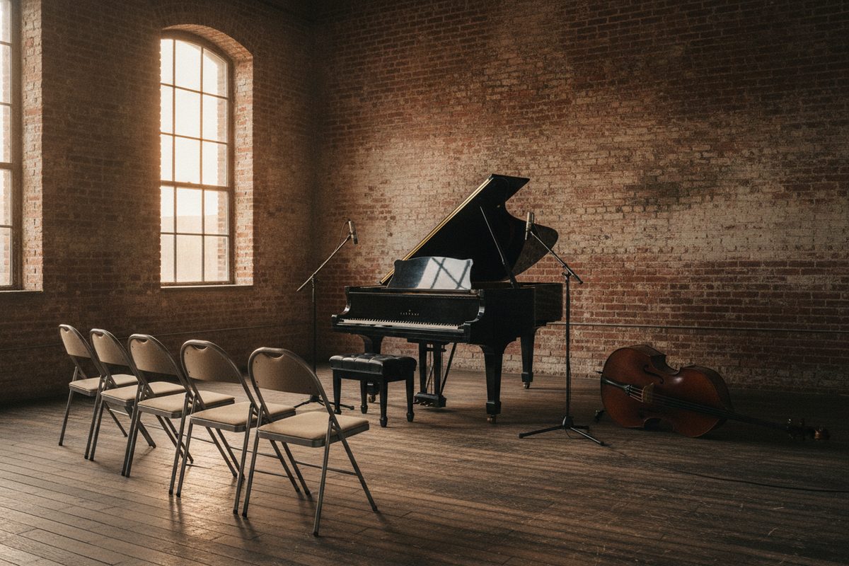 Generated illustration: an empty loft concert space set up for a live recording