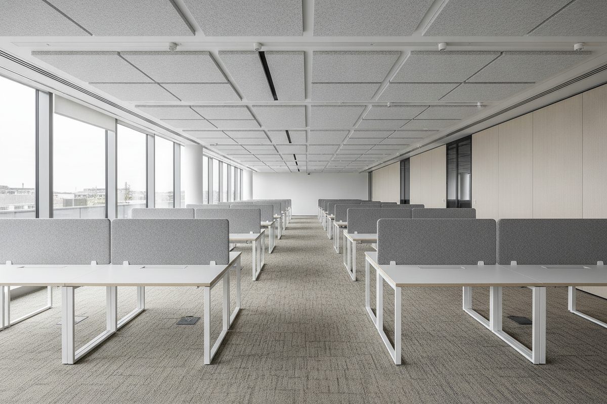 Generated illustration: an empty open-plan office with sound-absorbing screens