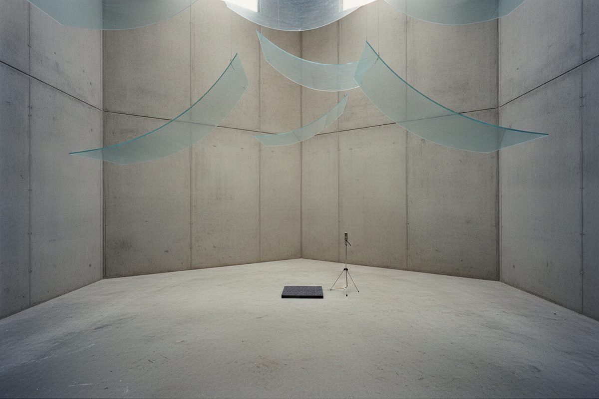 Generated illustration: an empty reverberation test chamber with hanging diffusers and a measurement microphone